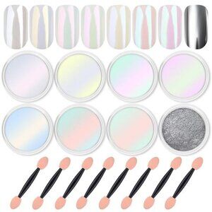 8 Jars Chrome Nail Powder Magic White Pearl Kit Mirror Effect Silver